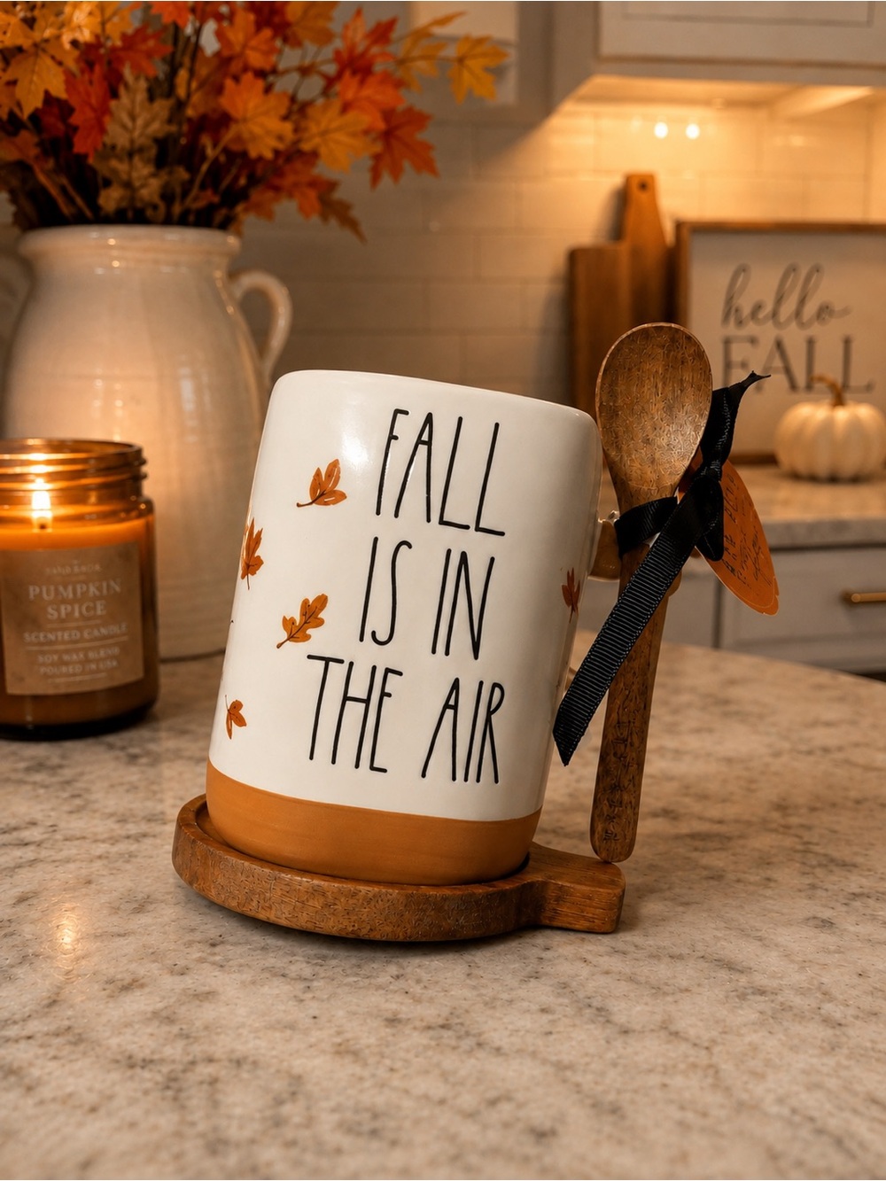 Rae Dunn Fall Mug with wooden coaster/Spoon